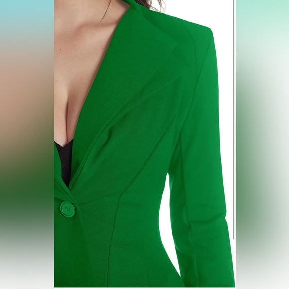 Kelly Green Double Notch Lapel Sharp Shoulder Pad Single Button Peplum Blazer - Picture 4 of 12